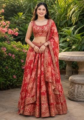 Red Embroidery Organza Lehenga Set