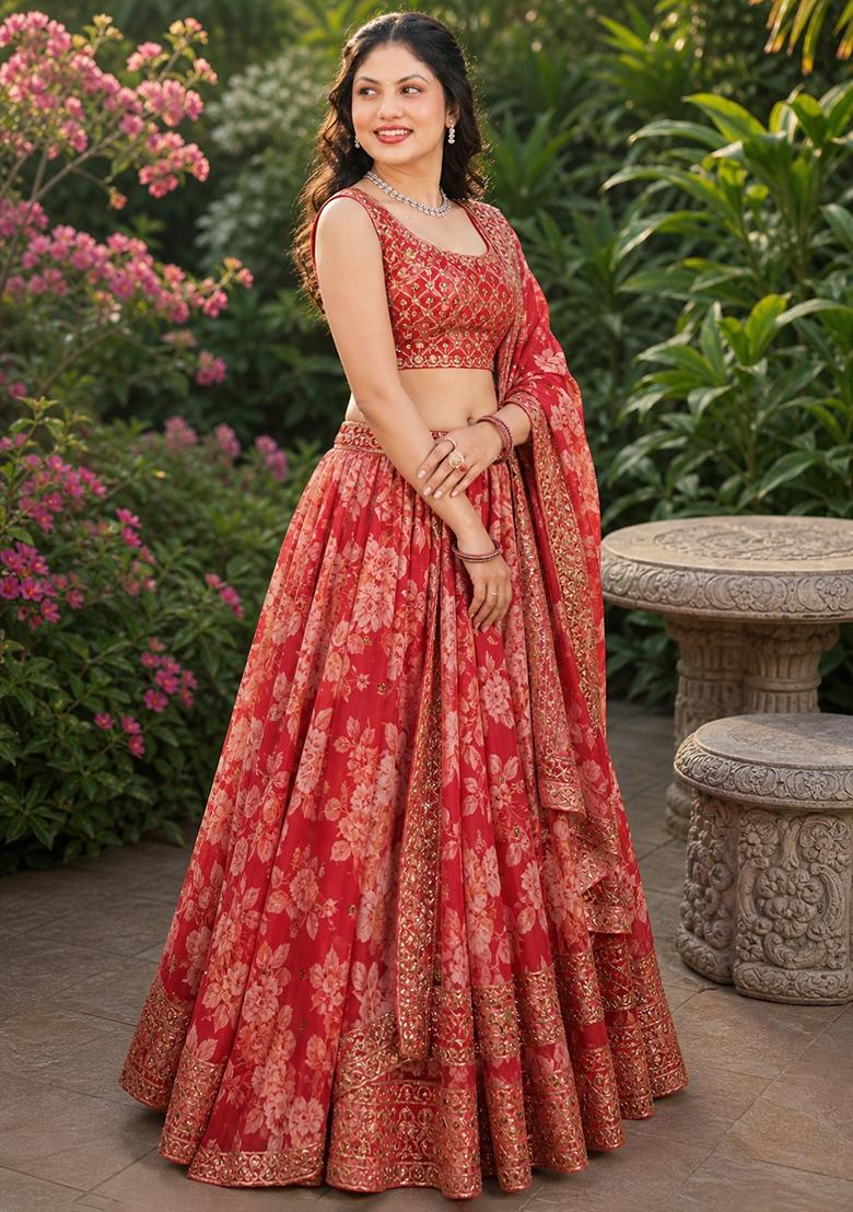 Red Embroidery Organza Lehenga Set - Indya