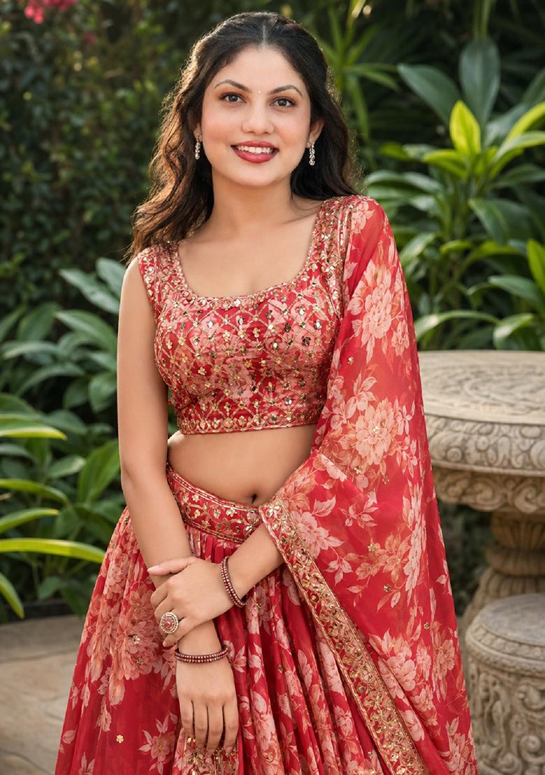 Red Embroidery Organza Lehenga Set - Indya
