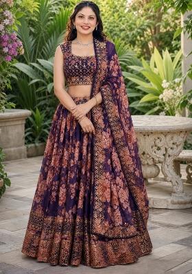 Purple Embroidery Organza Lehenga Set