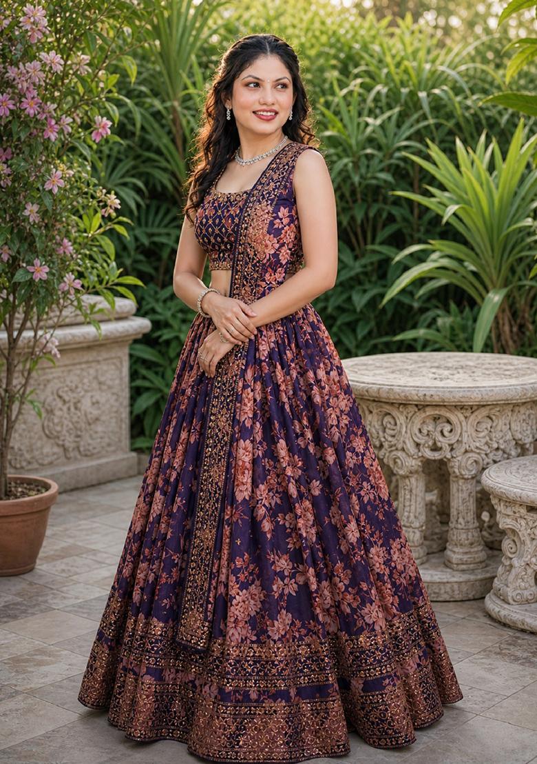 Purple Embroidery Organza Lehenga Set - Indya