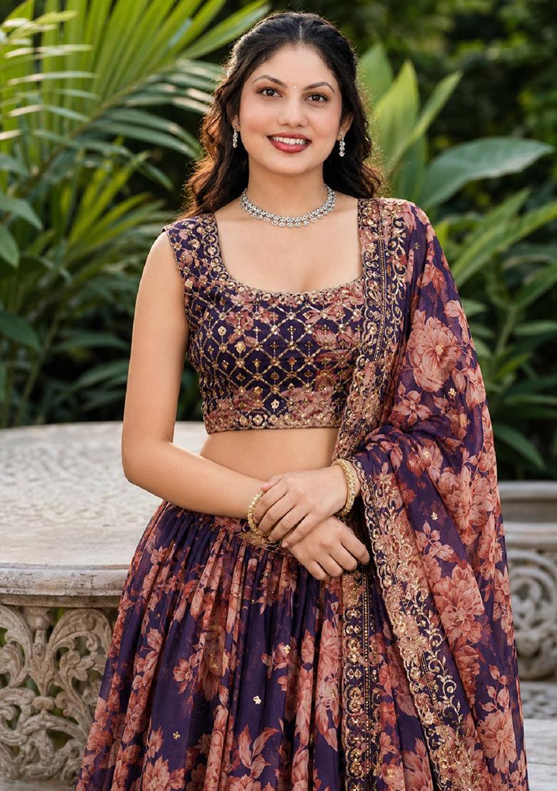 Purple Embroidery Organza Lehenga Set - Indya