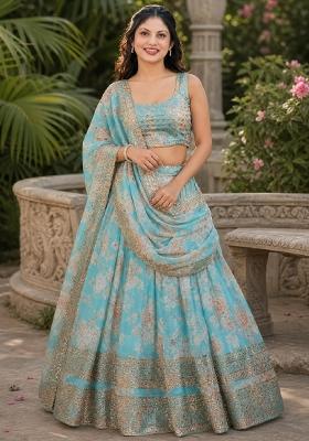 Sky Blue Embroidery Organza Lehenga Set