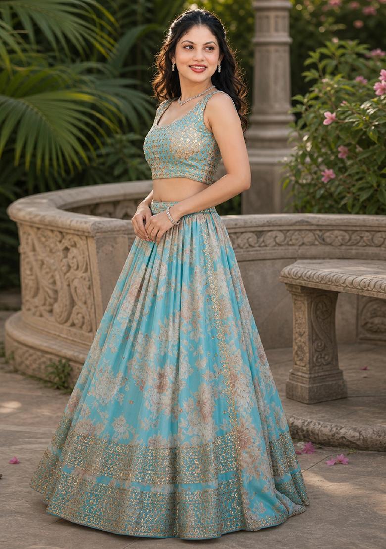 Sky Blue Embroidery Organza Lehenga Set - Indya