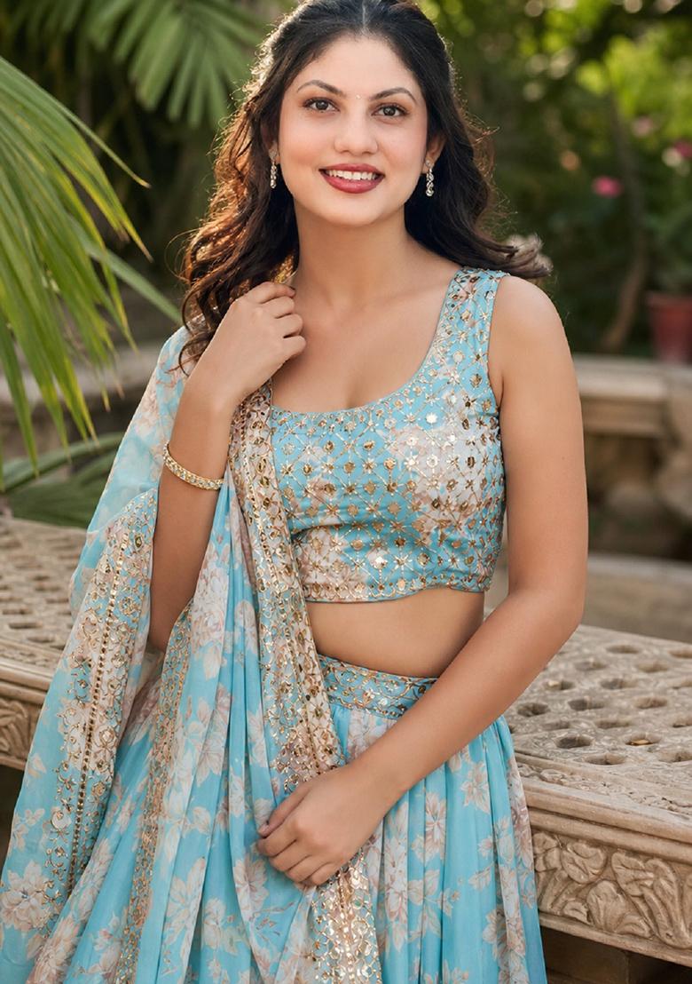Sky Blue Embroidery Organza Lehenga Set - Indya