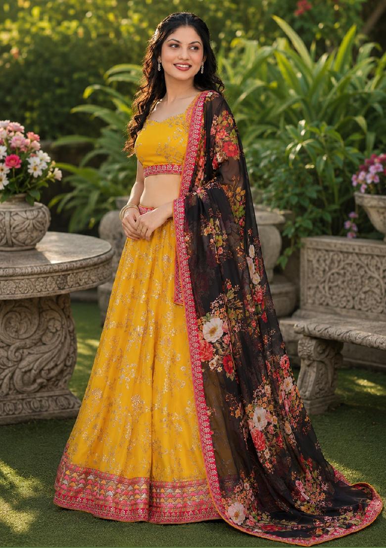 Yellow Embroidery Georgette Lehenga Set - Indya