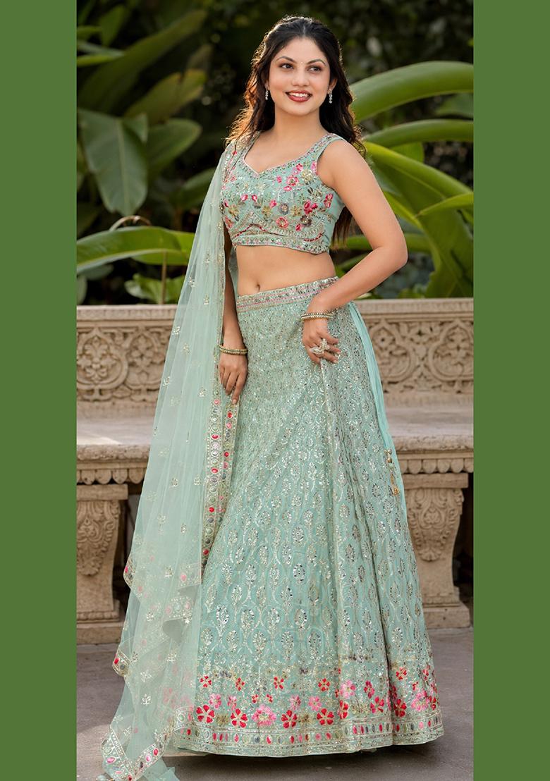 Sky Blue Embroidery Georgette Lehenga Set - Indya