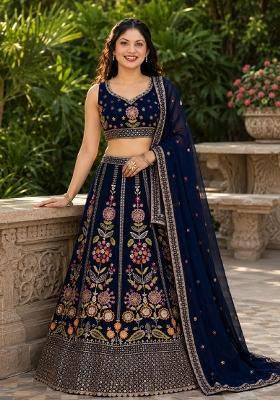 Navy Blue Embroidery Georgette Lehenga Set