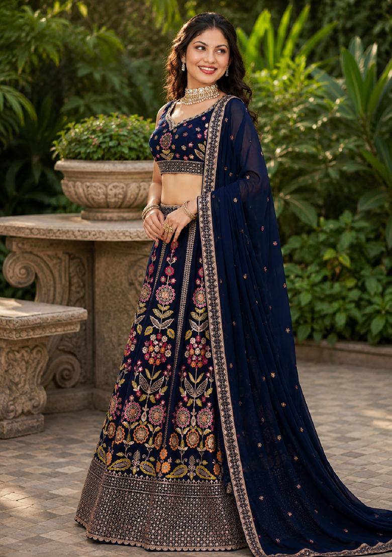 Navy Blue Embroidery Georgette Lehenga Set - Indya