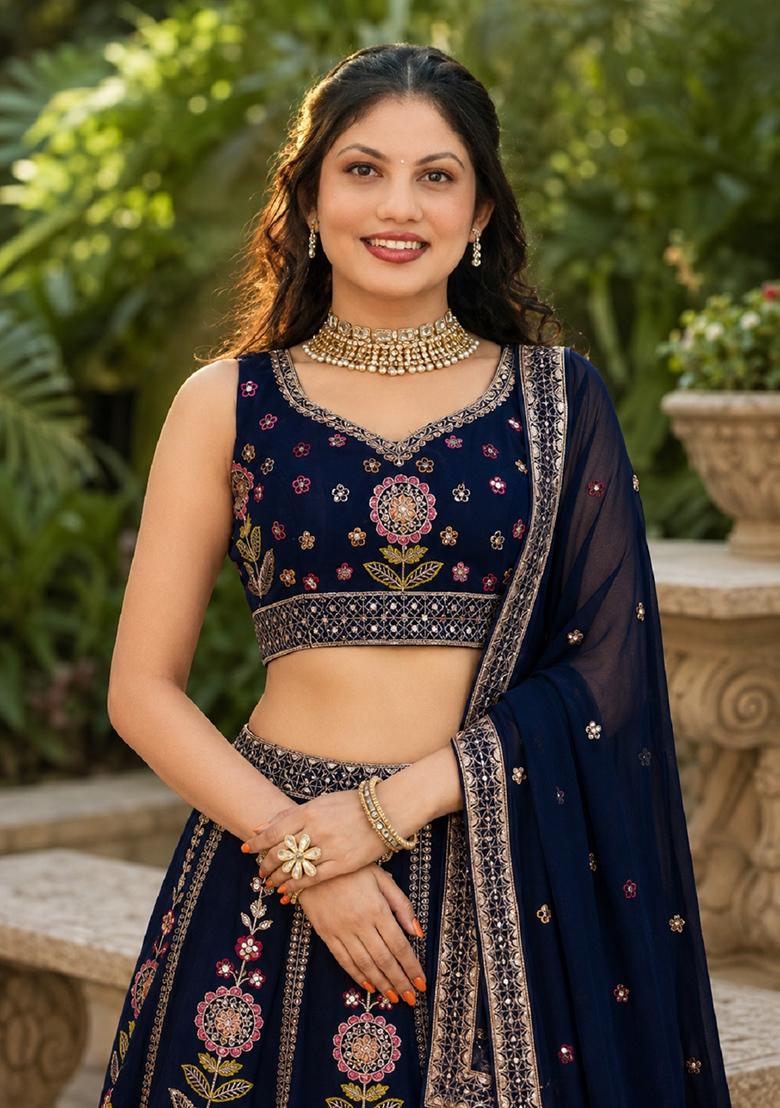 Navy Blue Embroidery Georgette Lehenga Set - Indya