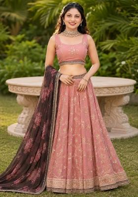 Peach Embroidery Georgette Lehenga Set