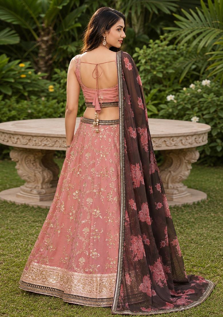 Peach Embroidery Georgette Lehenga Set - Indya