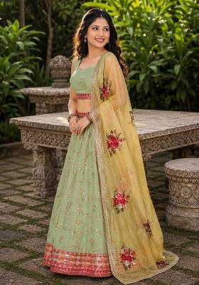 Light Green Embroidery Georgette Lehenga Set