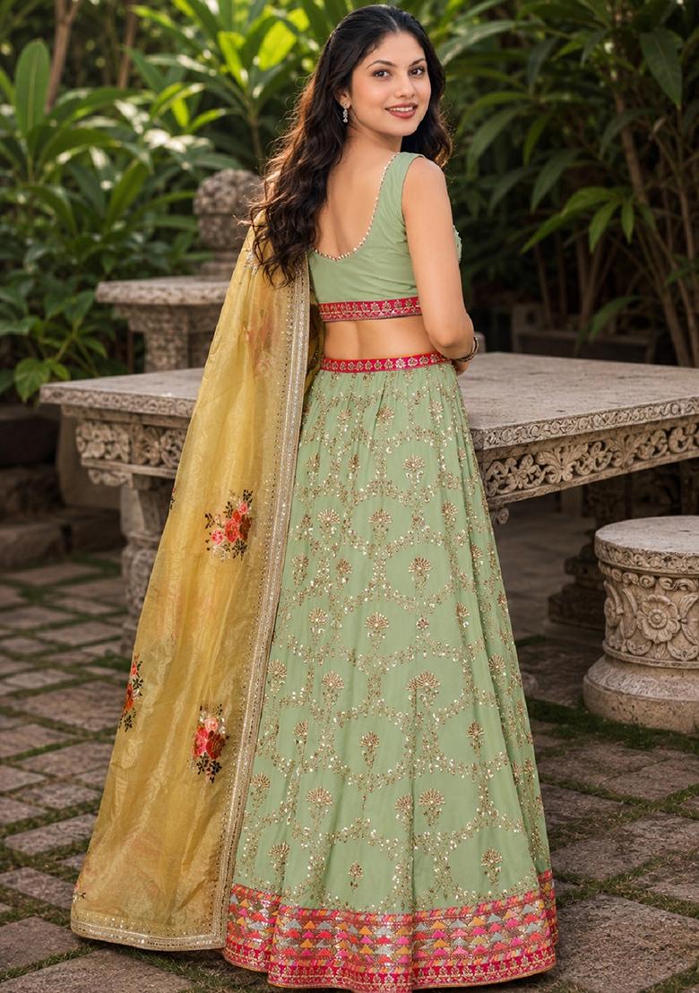 Light Green Embroidery Georgette Lehenga Set - Indya