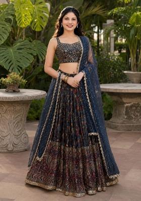 Blue Embroidery Chinon Lehenga Set