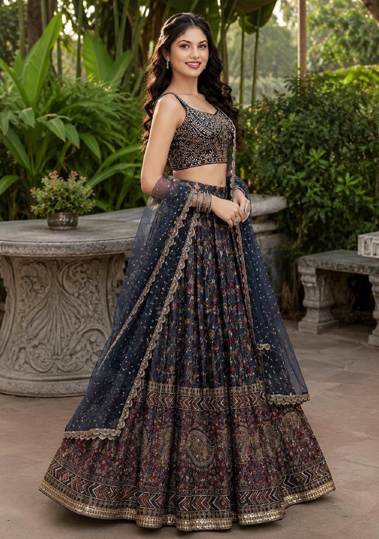 Blue Embroidery Chinon Lehenga Set - Indya