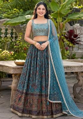 Sky Blue Embroidery Chinon Lehenga Set
