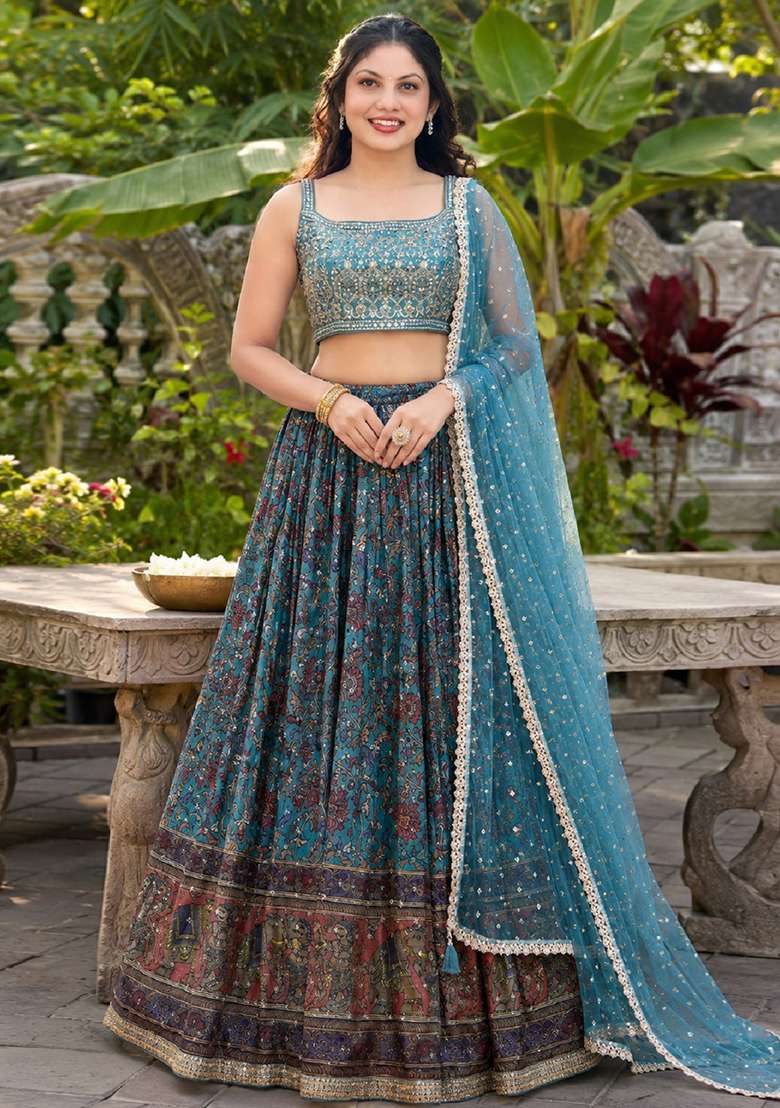 Sky Blue Embroidery Chinon Lehenga Set for Diwali and Festive Wear - Indya
