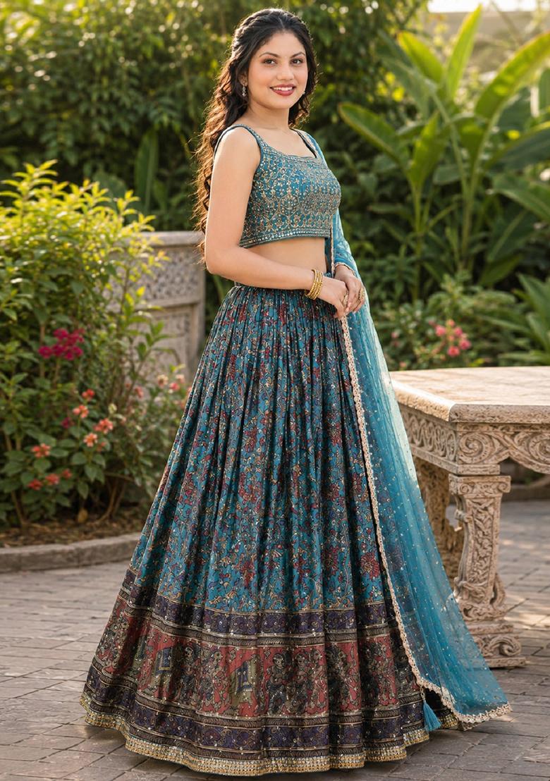 Sky Blue Embroidery Chinon Lehenga Set - Indya