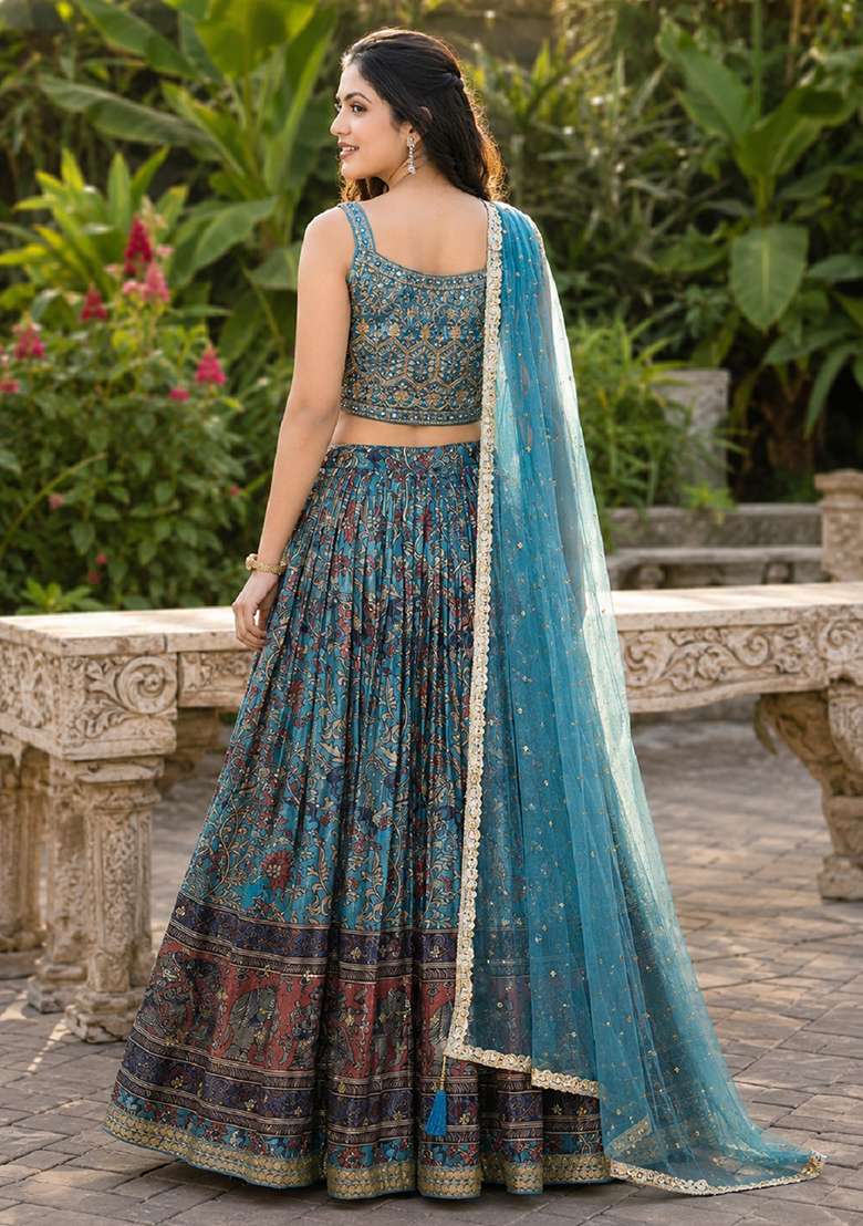 Sky Blue Embroidery Chinon Lehenga Set for Diwali and Festive Wear - Indya