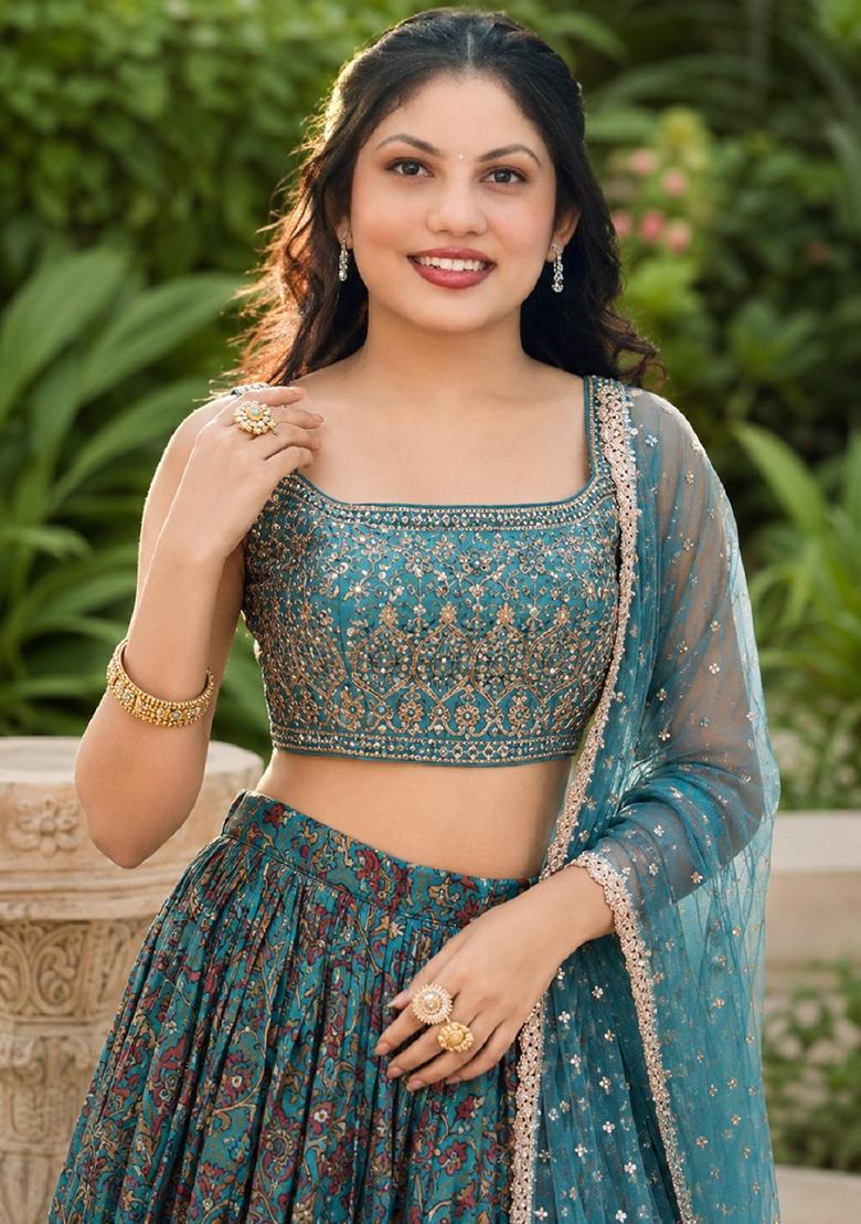 Sky Blue Embroidery Chinon Lehenga Set - Indya
