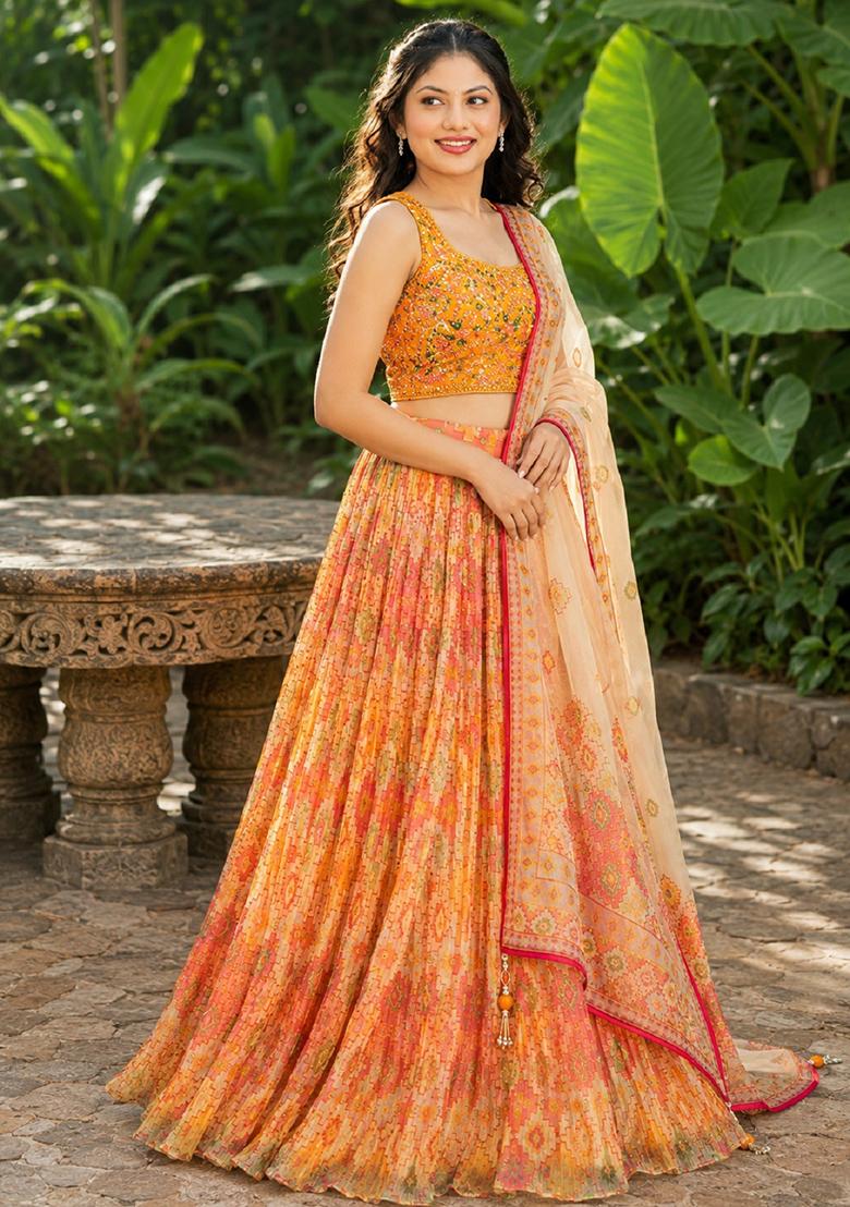Yellow Embroidery Organza Lehenga Set - Indya