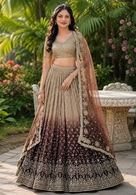 Brown Embroidery Georgette Lehenga Set