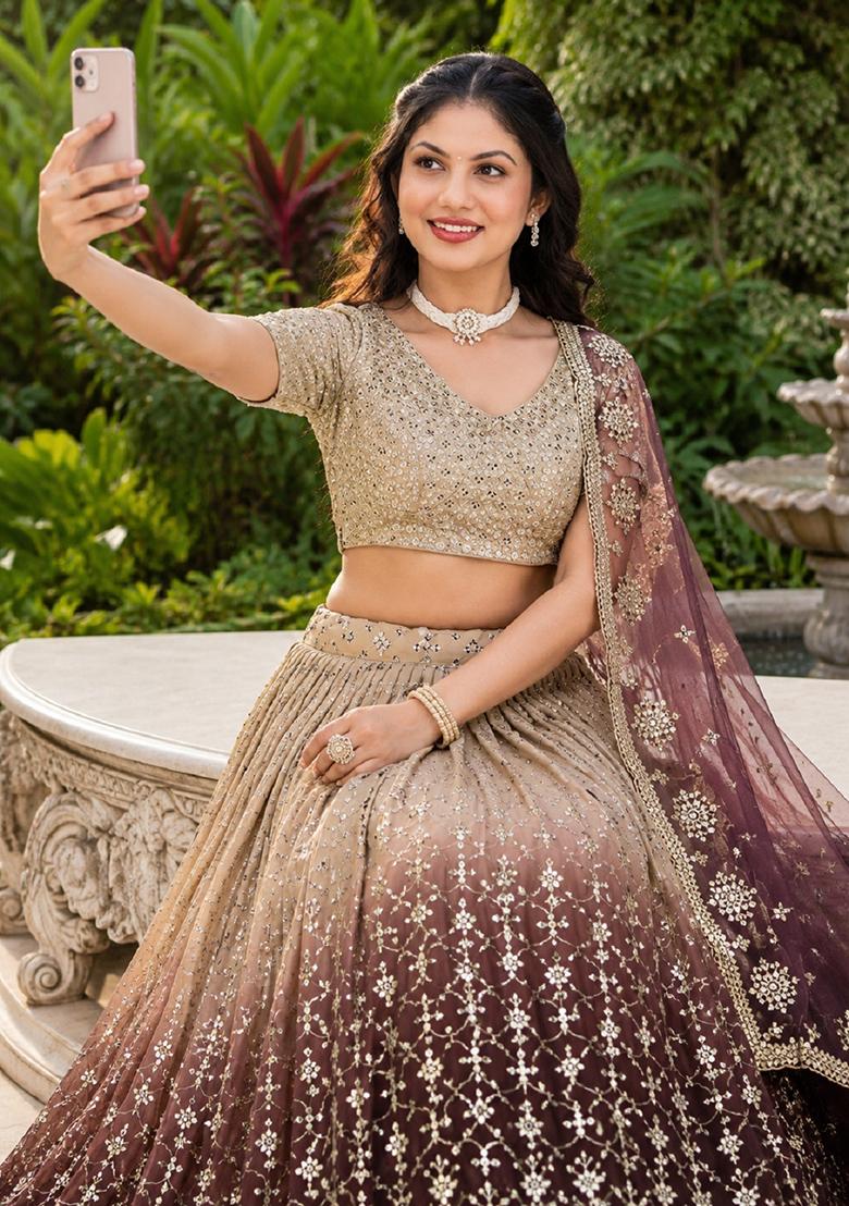 Brown Embroidery Georgette Lehenga Set - Indya