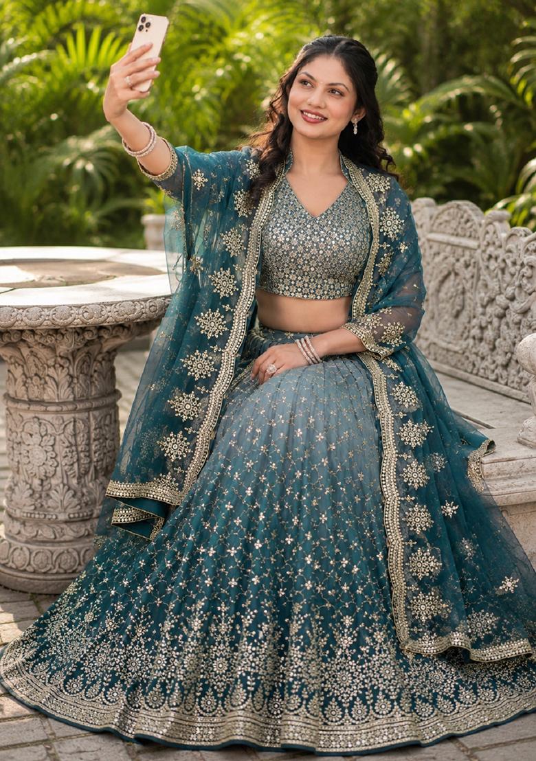 Blue Embroidery Georgette Lehenga Set - Indya