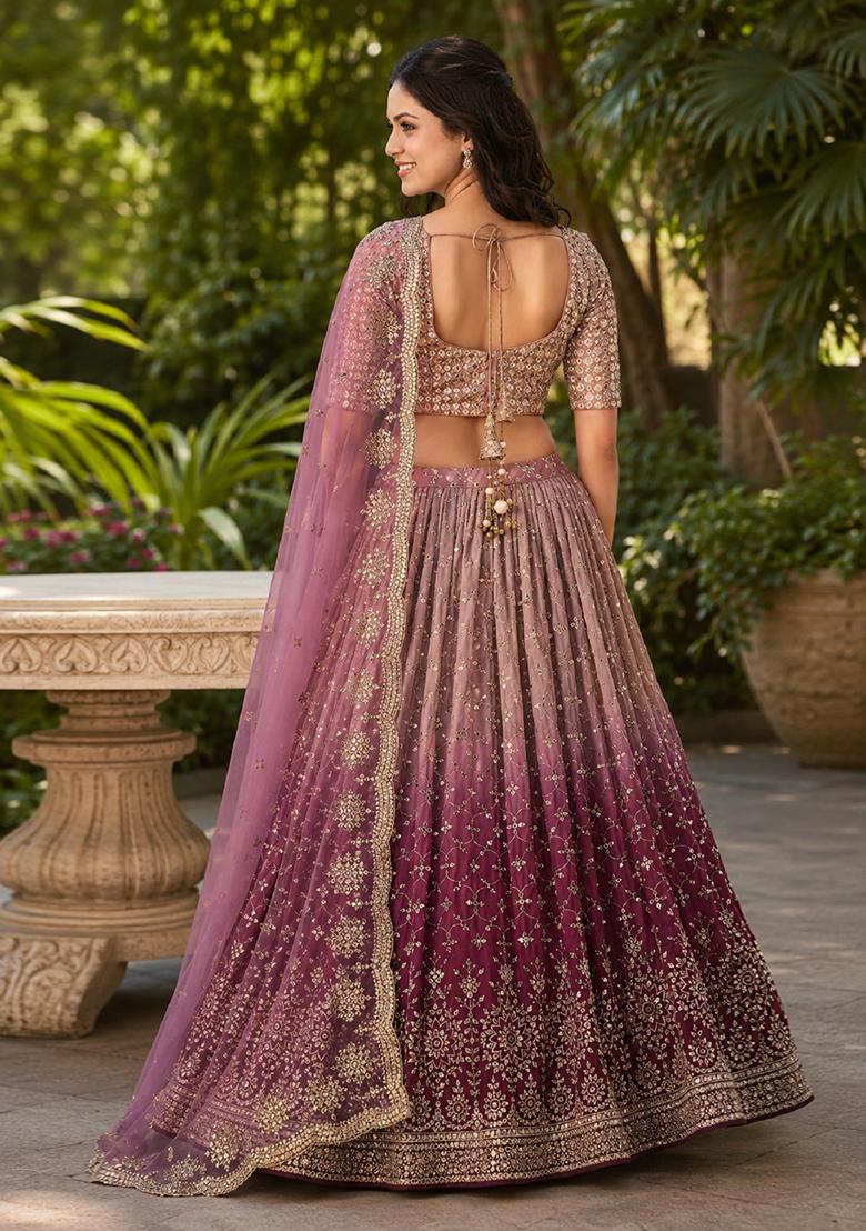 Maroon Embroidery Georgette Lehenga Set - Indya
