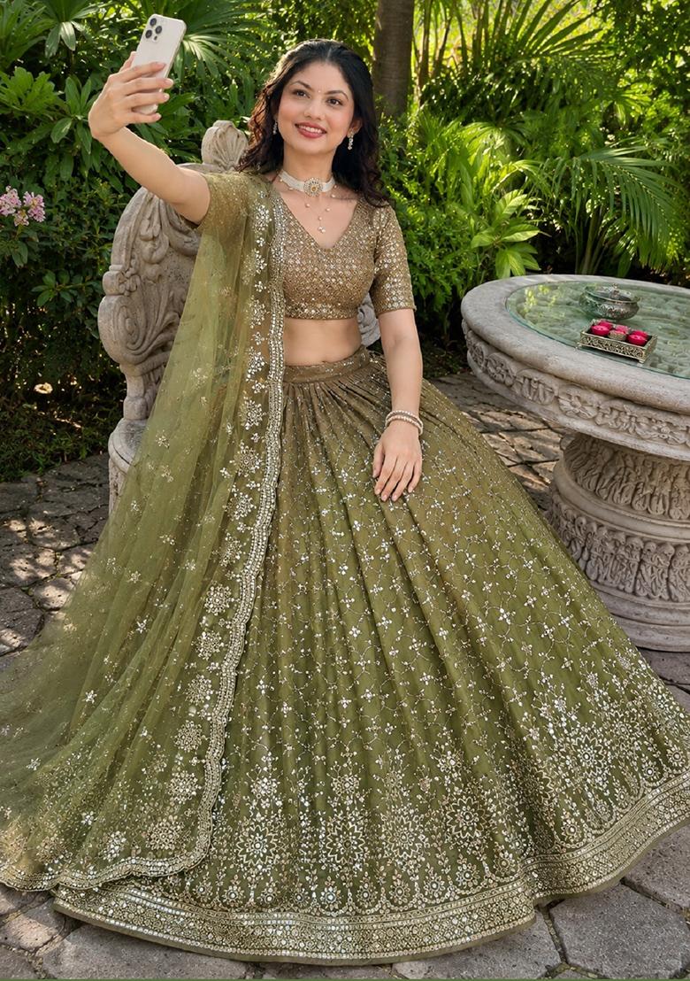 Mehendi Embroidery Georgette Lehenga Set - Indya