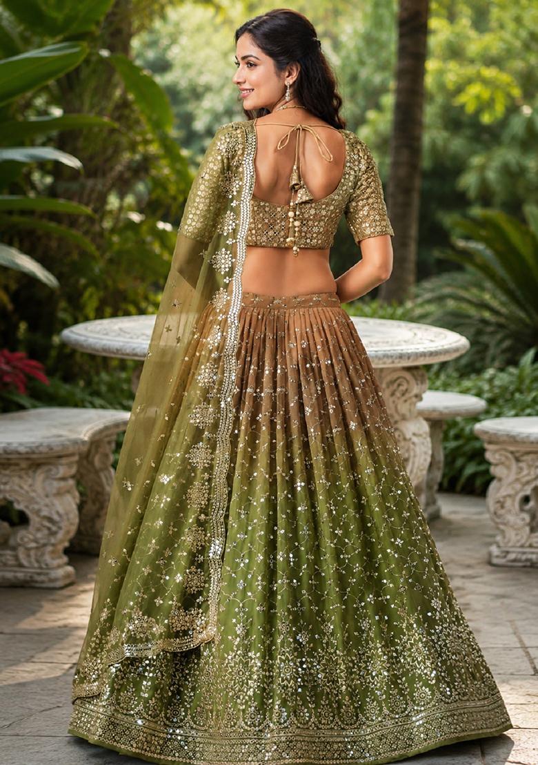 Mehendi Embroidery Georgette Lehenga Set - Indya