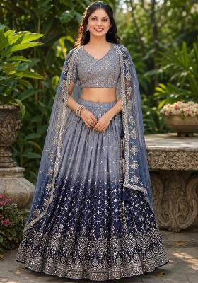 Navy Blue Embroidery Georgette Lehenga Set