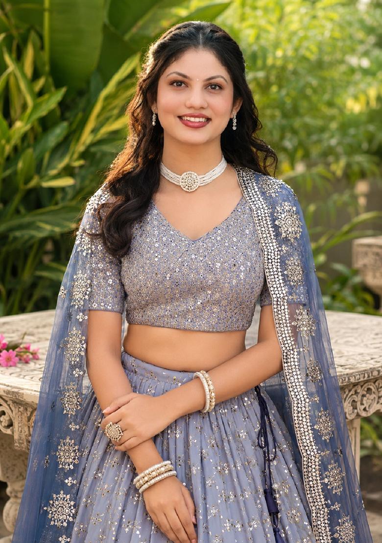 Navy Blue Embroidery Georgette Lehenga Set - Indya
