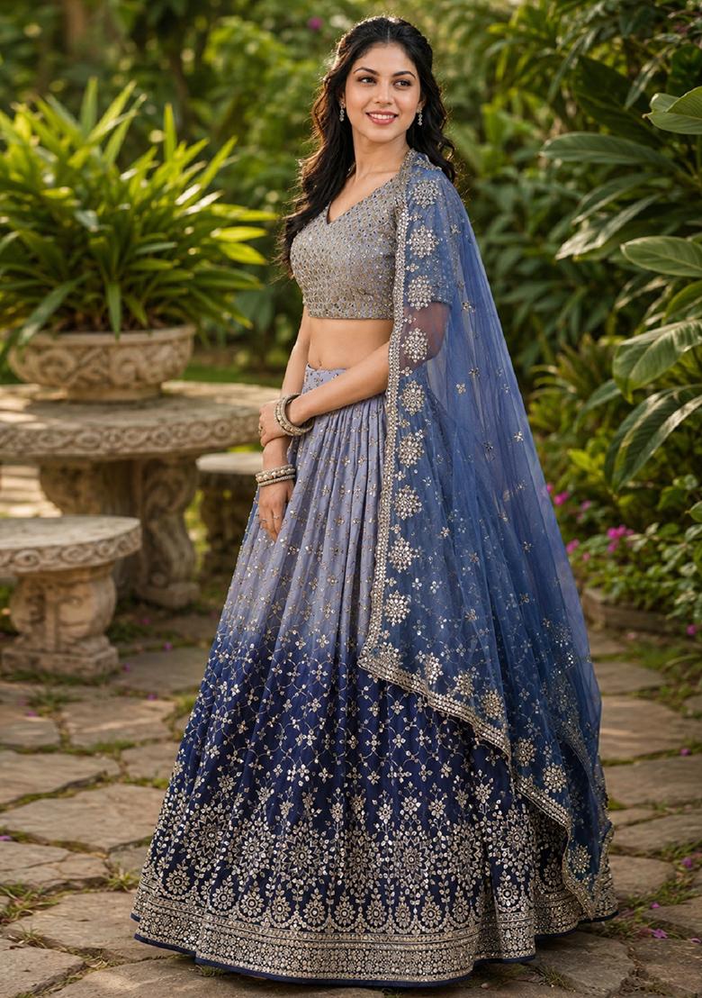 Navy Blue Embroidery Georgette Lehenga Set - Indya