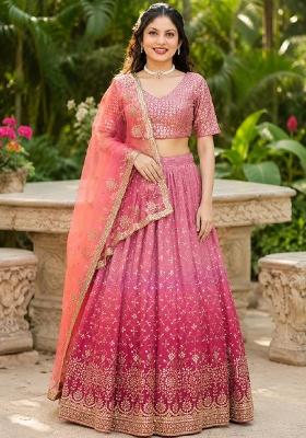 Peach Embroidery Georgette Lehenga Set