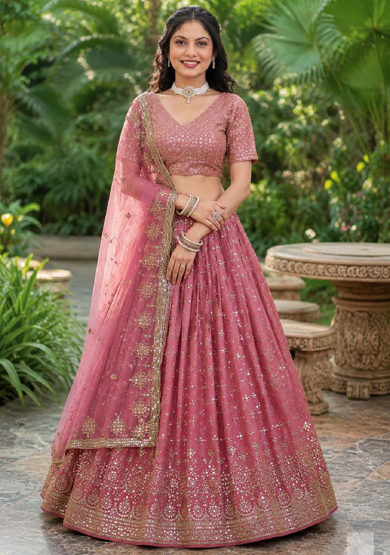 Peach Embroidery Georgette Lehenga Set - Indya