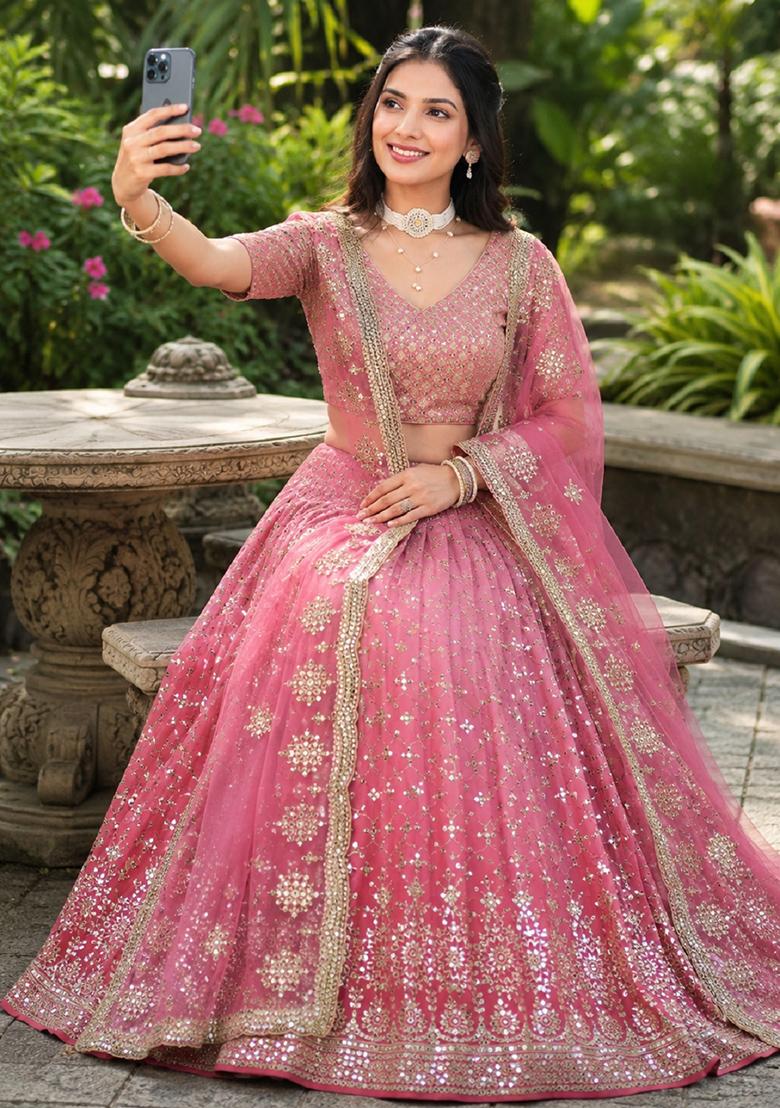 Peach Embroidery Georgette Lehenga Set - Indya