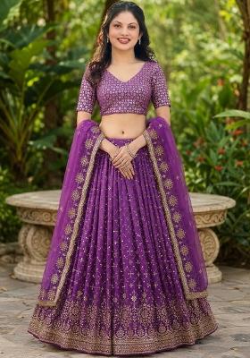 Purple Embroidery Georgette Lehenga Set