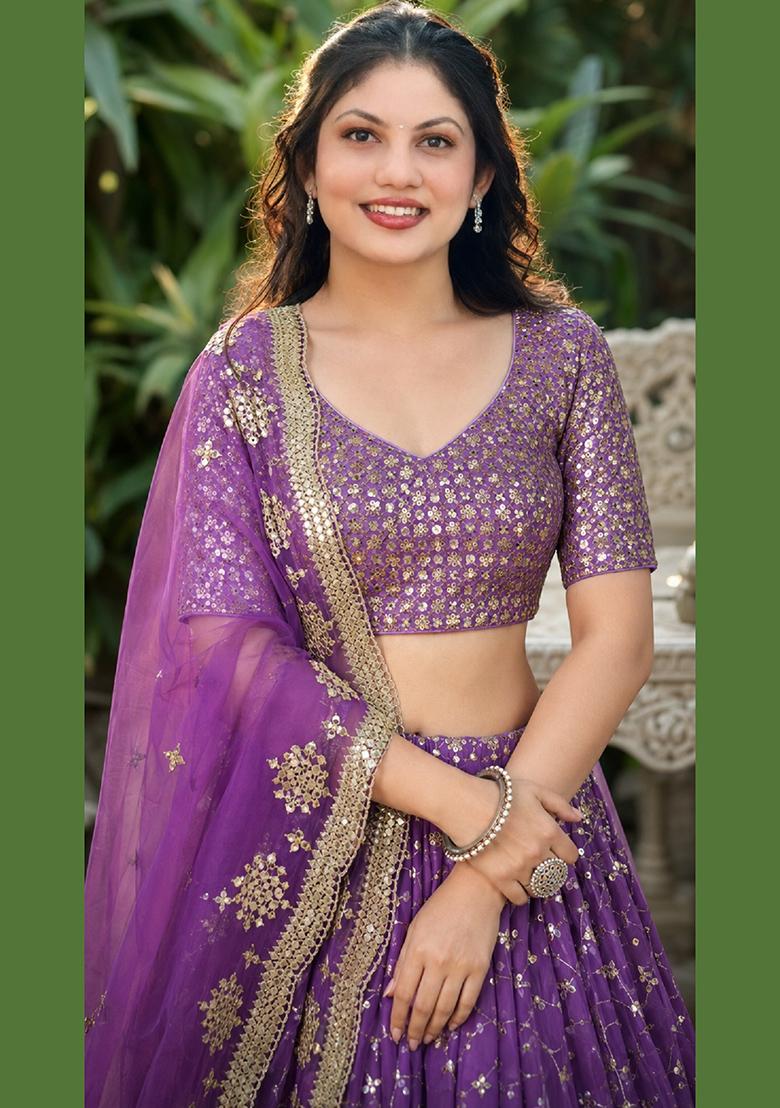 Purple Embroidery Georgette Lehenga Set - Indya