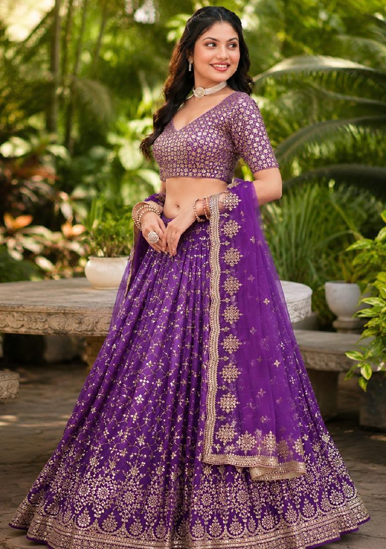 Purple Embroidery Georgette Lehenga Set - Indya