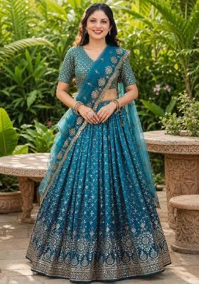Turquoise Embroidery Georgette Lehenga Set