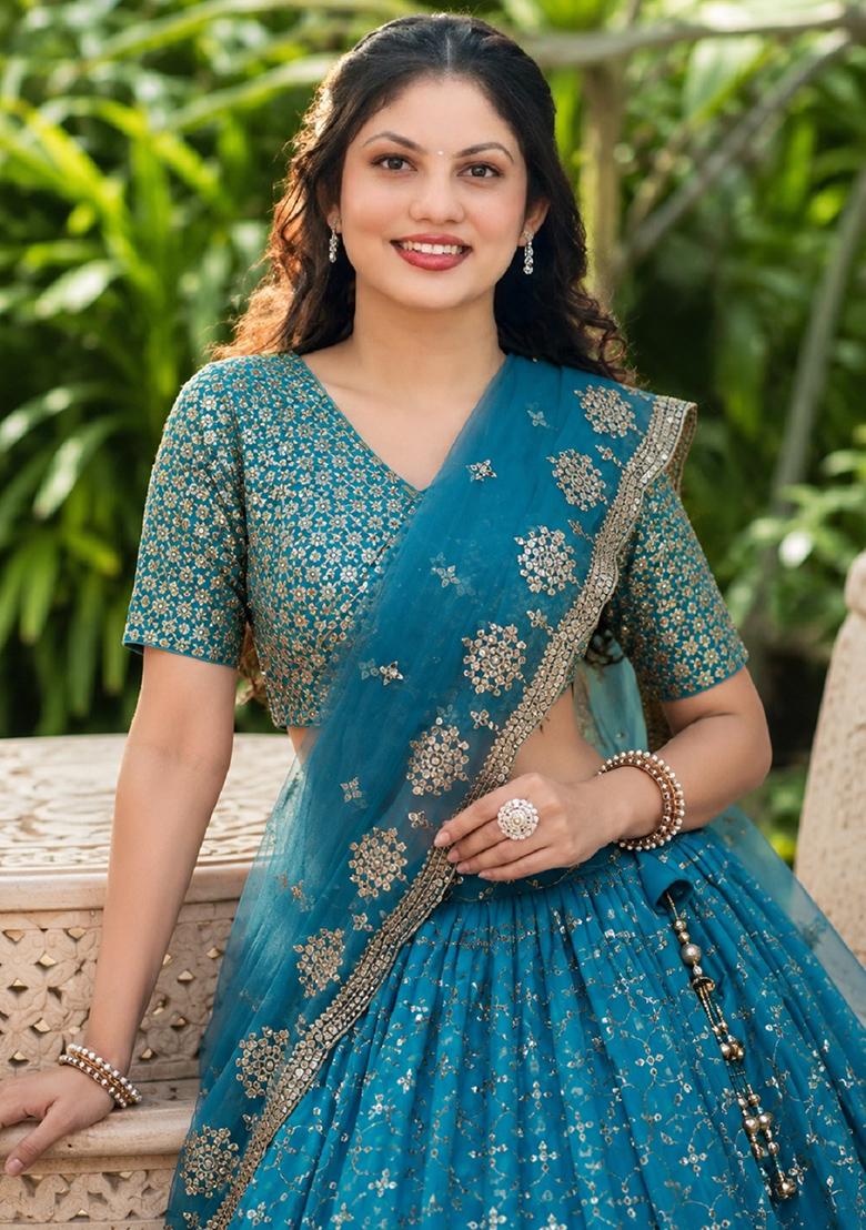 Turquoise Embroidery Georgette Lehenga Set - Indya