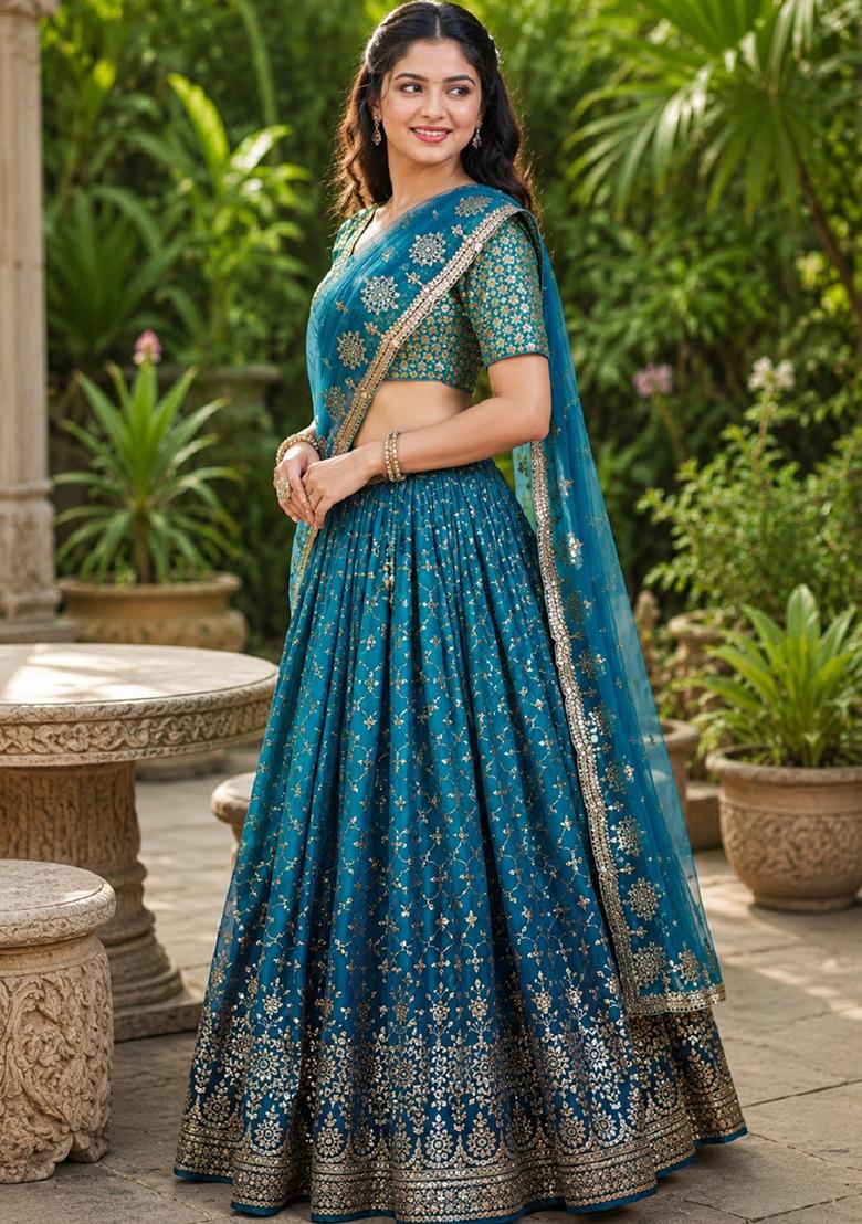 Turquoise Embroidery Georgette Lehenga Set - Indya