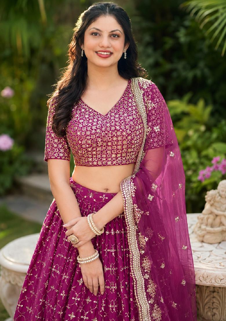 Red Embroidery Georgette Lehenga Set - Indya