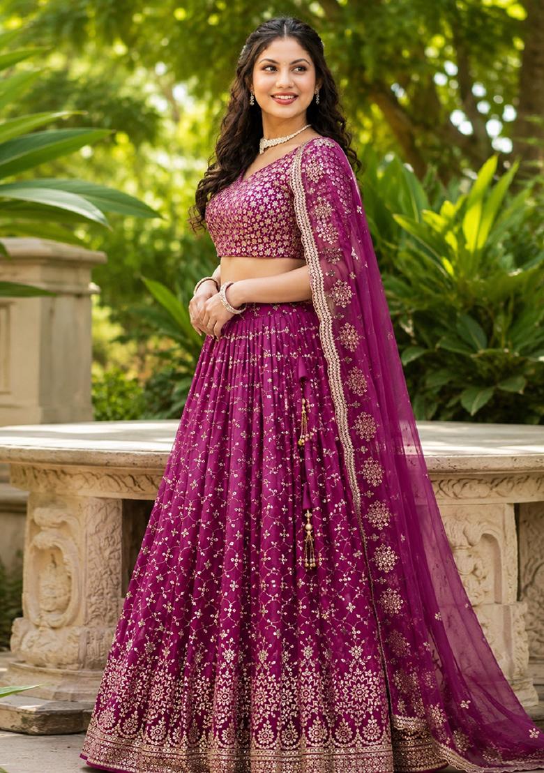 Red Embroidery Georgette Lehenga Set - Indya