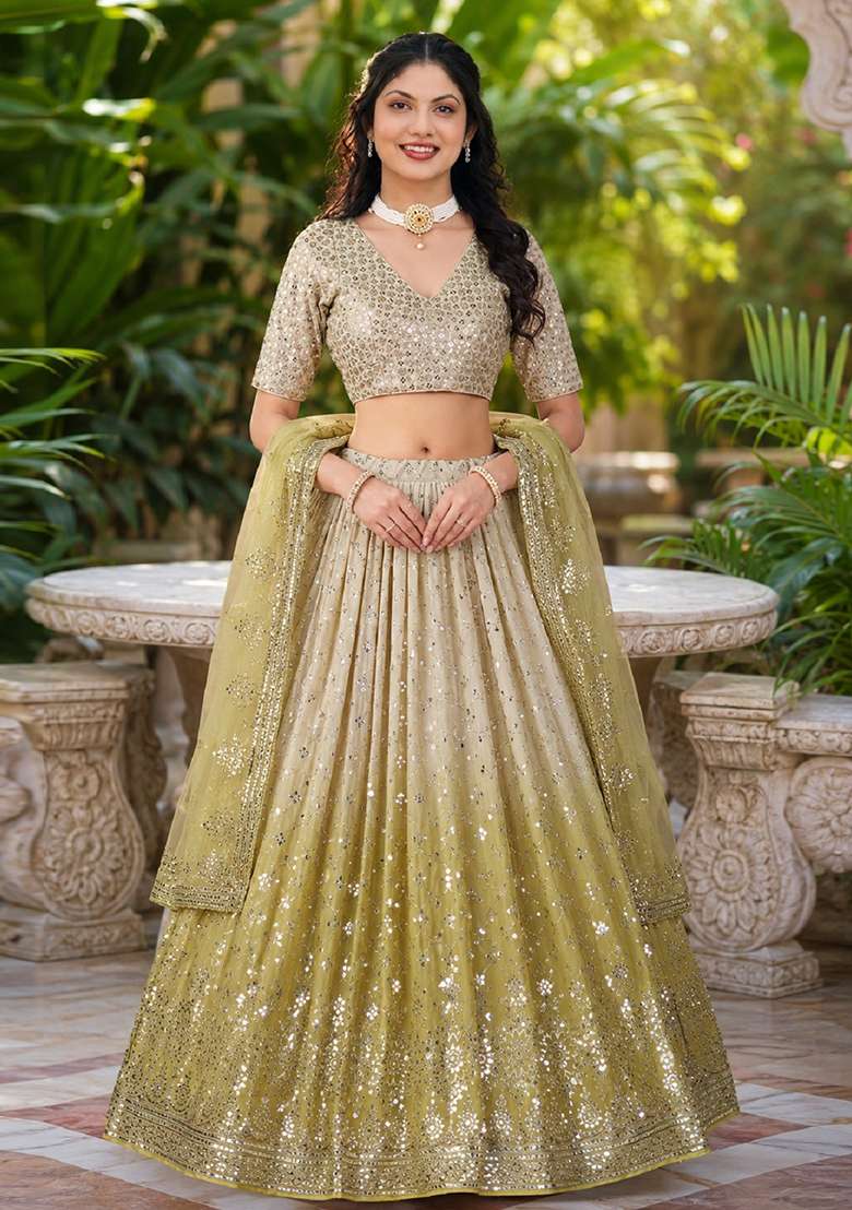 Yellow Embroidery Georgette Lehenga Set for Diwali and Festive Wear - Indya