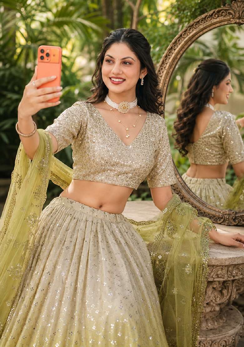 Yellow Embroidery Georgette Lehenga Set for Diwali and Festive Wear - Indya