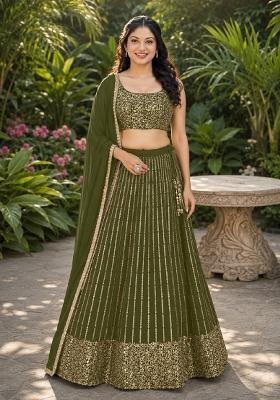 Green Embroidery Georgette Lehenga Set