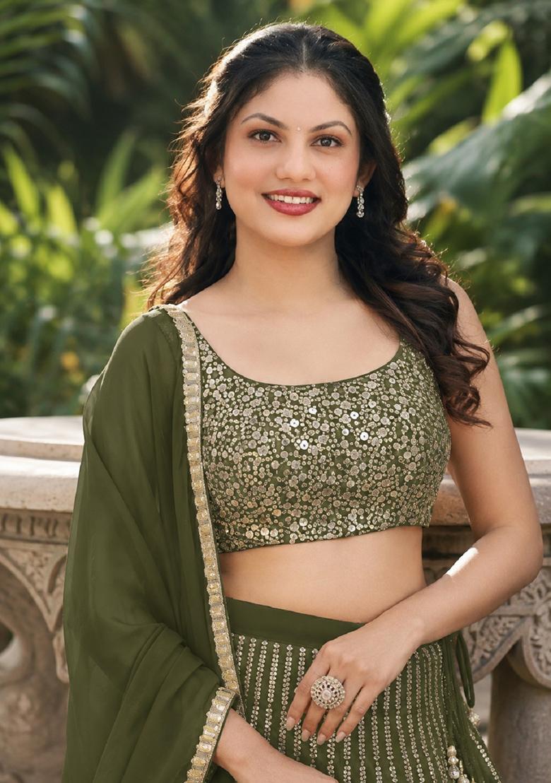 Green Embroidery Georgette Lehenga Set - Indya